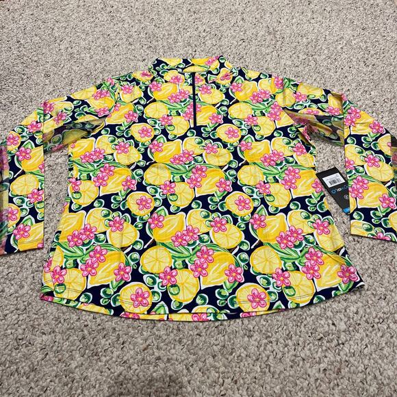 NWT IBKUL Calista Long Sleeve 1/4 Zip Mock Neck Sz XL Lemon Print Mesh UPF 50 - Picture 1 of 6